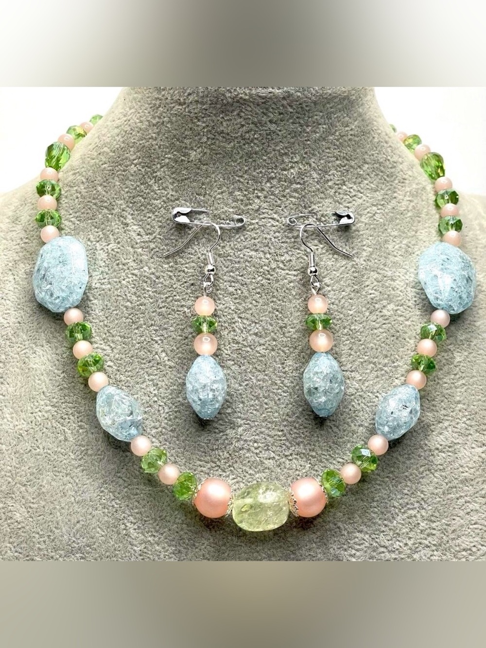 Artisan Handcrafted Glass Lucite Moon Glow Beaded Necklace Earrings Set Spring